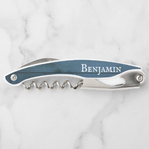 Rustic Weathered Blue Wood Personalized Corkscrew