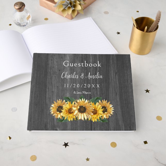 Rustic Weathered Sunflower Wedding Guest Book (Front Open)