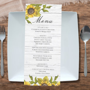 Rustic Weathered White Wood Bride Groom Sunflower Menu