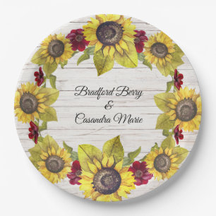 Rustic Weathered White Wood Bride Groom Sunflower Paper Plate
