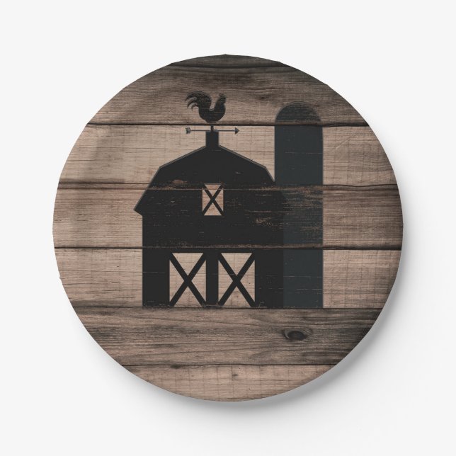 Rustic Weathered Wood Black Barn Country Wedding Paper Plate (Front)