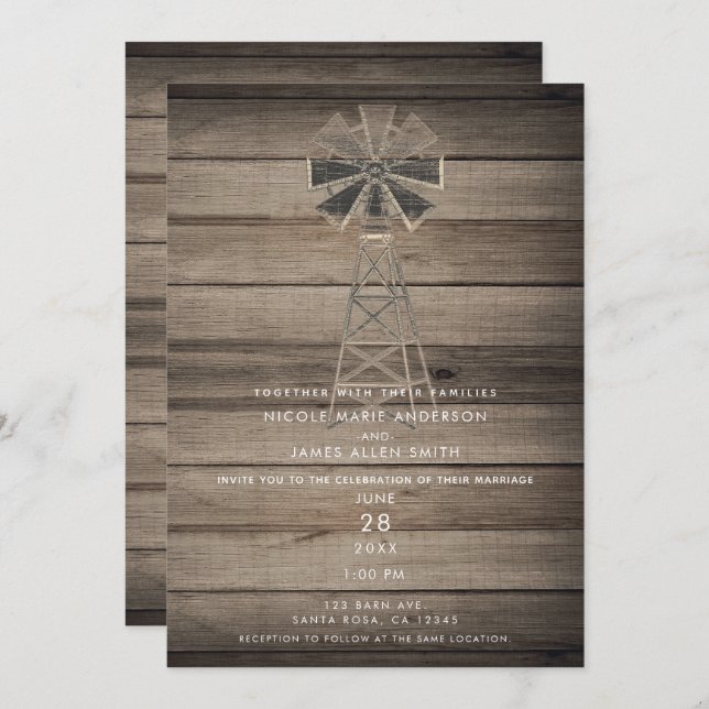 Rustic Weathered Wood Country Wind Mill Wedding Invitation (Front/Back)