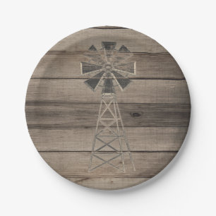 Rustic Weathered Wood Country Wind Mill Wedding Paper Plate
