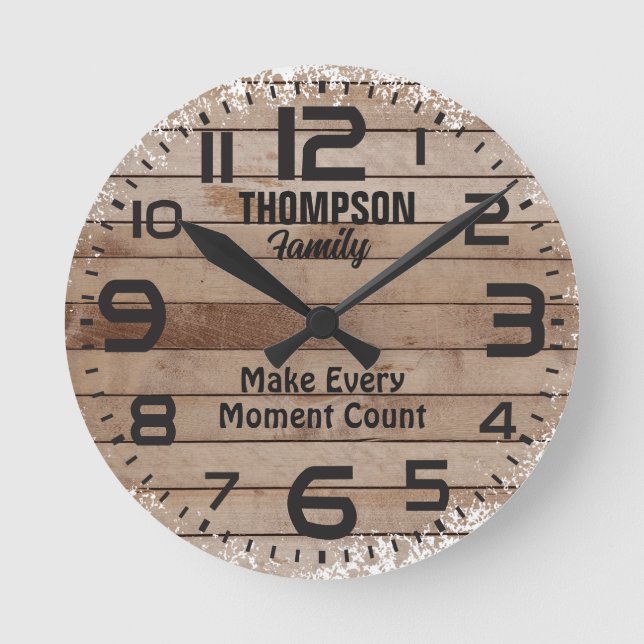 Rustic Weathered Wood Family  Custom Quote Round Clock (Front)