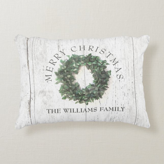Rustic Weathered Wood Laurel Wreath Monogrammed Accent Pillow (Front)