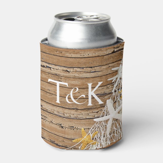 Rustic Weathered Wood Starfish Netting | brown Can Cooler (Can Front)