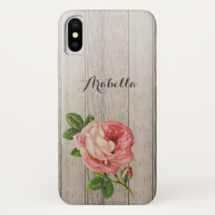 Rustic Weathered Wood Vintage Pink Rose With Name Case-Mate iPhone Case