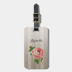 Rustic Weathered Wood Vintage Pink Rose With Name Luggage Tag