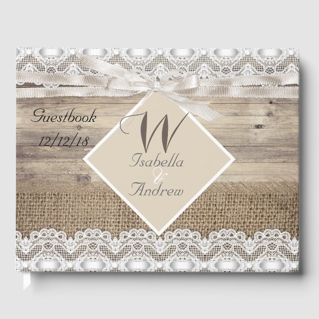 Rustic Wedding Beige Lace Wood Burlap Guestbook (Front)