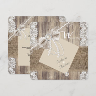 Rustic Wedding Beige Pearl Lace Wood Burlap 3 Invitation