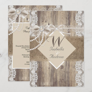 Rustic Wedding Beige Pearl Lace Wood Burlap Invitation