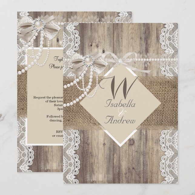 Rustic Wedding Beige Pearl Lace Wood Burlap Invitation (Front/Back)