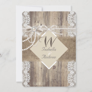 Rustic Wedding Beige Pearl Lace Wood Burlap Invitation