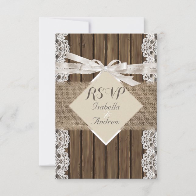Rustic Wedding Beige RSVP Lace Wood Burlap 3 (Front)
