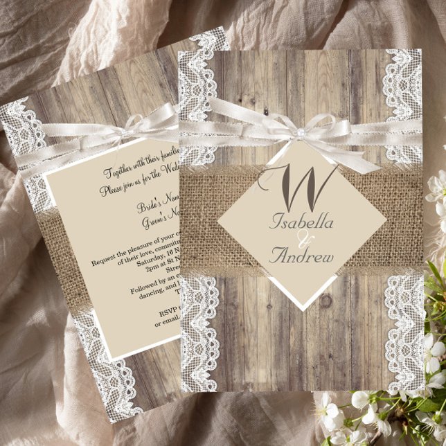 Rustic Wedding Beige White Lace Wood Burlap 2 Invitation (Creator Uploaded)