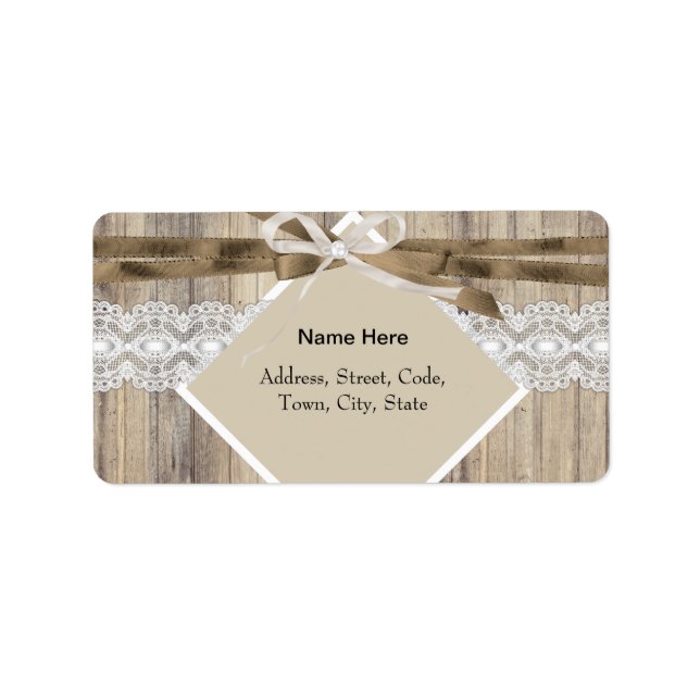 Rustic Wedding Beige White Lace Wood Burlap 2 Label (Front)