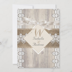 Rustic Wedding Beige White Lace Wood Burlap AB Invitation