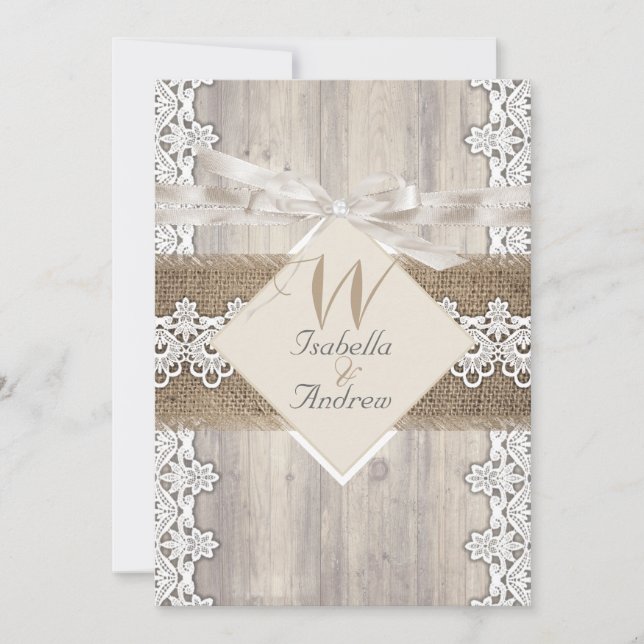 Rustic Wedding Beige White Lace Wood Burlap AB Invitation (Front)
