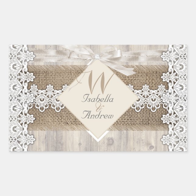 Rustic Wedding Beige White Lace Wood Burlap AB Sticker (Front)