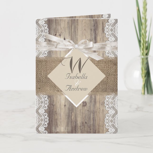 Rustic Wedding Beige White Lace Wood Burlap Invitation (Front)