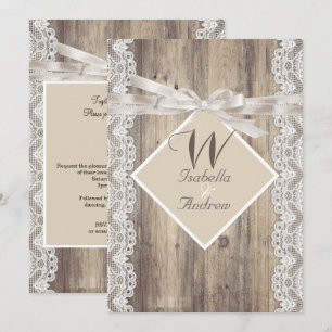 Rustic Wedding Beige White Lace Wood Invitation