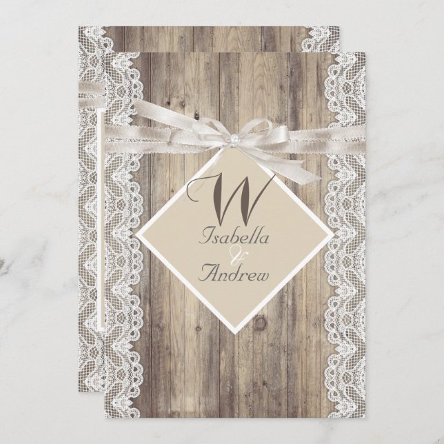 Rustic Wedding Beige White Lace Wood Invitation (Front/Back)