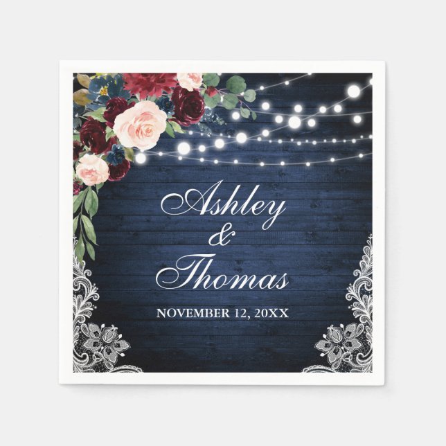Rustic Wedding Blue Burgundy Floral Lace Napkin (Front)
