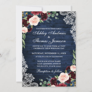Rustic Wedding Blue Wood Burgundy Blue Floral Invitation
