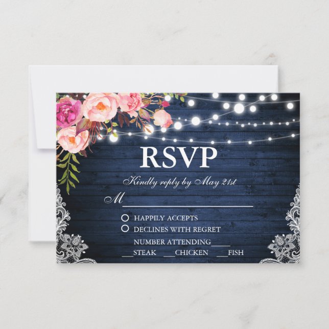 Rustic Wedding Blue Wood Floral Lace RSVP w/Meal (Front)