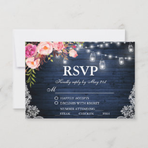 Rustic Wedding Blue Wood Floral Lights Jars RSVP M Card