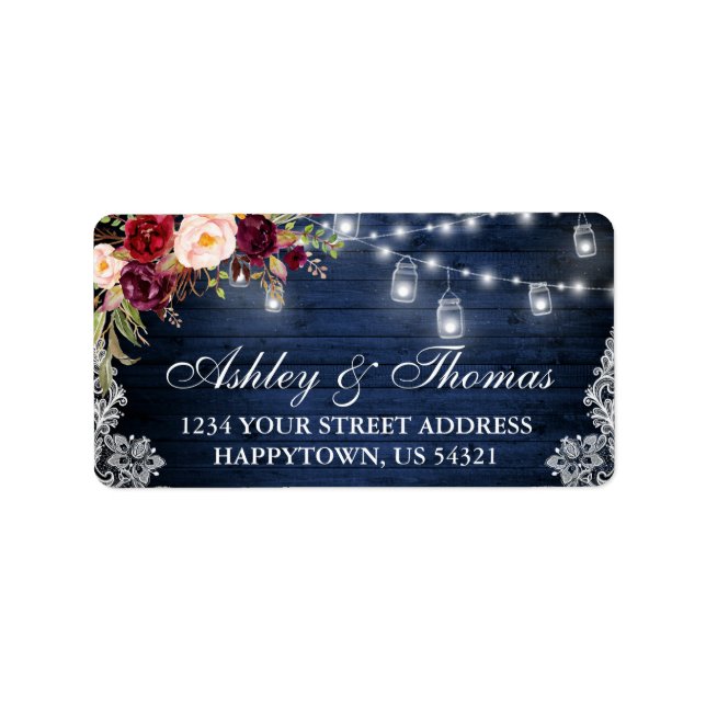 Rustic Wedding Blue Wood Jar Lights Floral Address Label (Front)