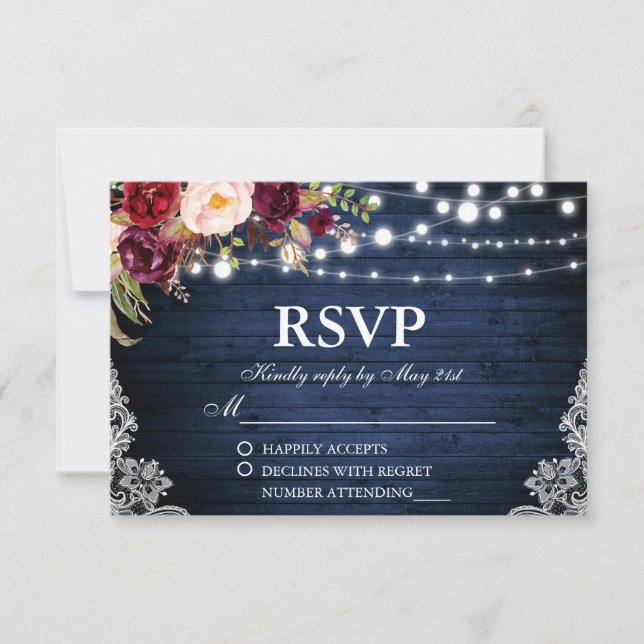 Rustic Wedding Blue Wood Lights Lace Floral RSVP (Front)