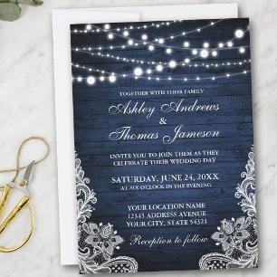Rustic Wedding Blue Wood String Lights Lace Invite