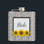 Rustic Wedding Bride Sunflower Bachelorette Party Hip Flask<br><div class="desc">Bride flask,  with a rustic barn door background and a yellow sunflowers design. With black text,  you can customize with your own information. A great gift for that special bride for her bachelorette party!</div>