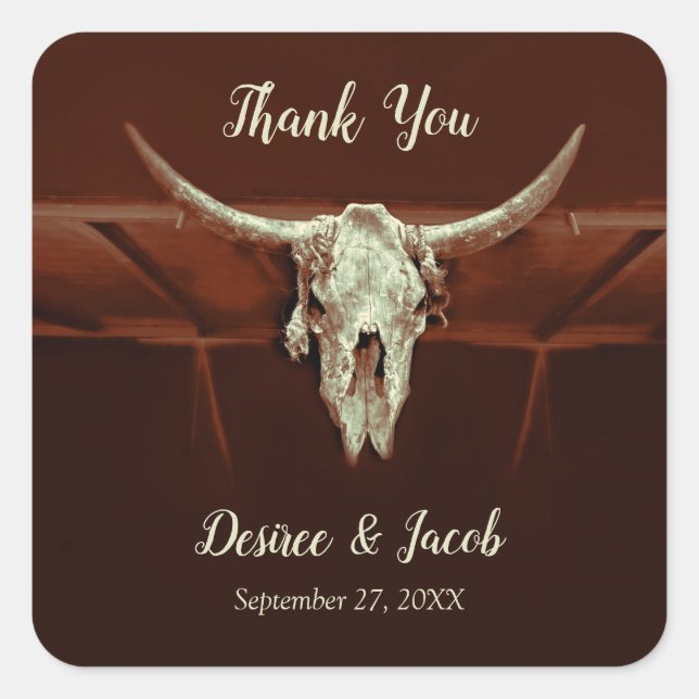 Rustic Wedding Brown Country Western Bull Skull Square Sticker (Front)