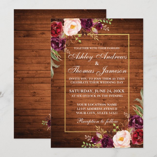 Rustic Wedding Burgundy Floral Wood Gold Invite (Front/Back)