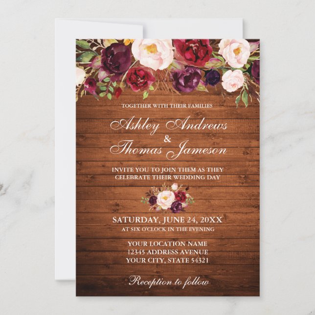 Rustic Wedding Burgundy Floral Wood Invite (Front)