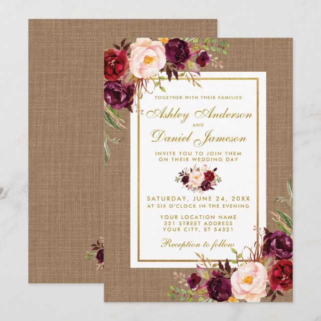 Rustic Wedding Burlap Burgundy Wedding Invite (Front/Back)