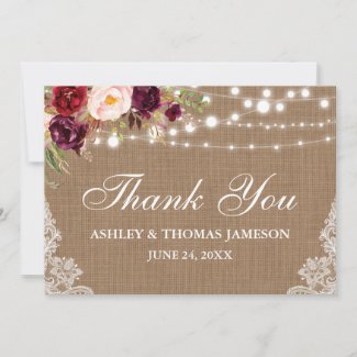Rustic Wedding Burlap Floral Lights Lace Thanks Thank You Card
