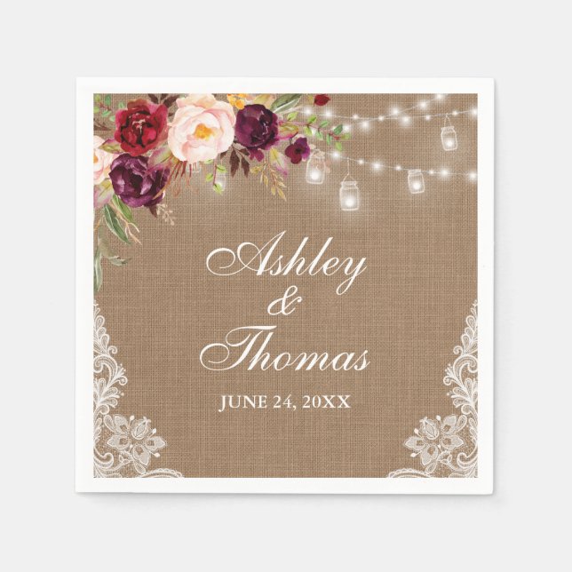Rustic Wedding Burlap Jar Lights Floral Lace Napkin (Front)