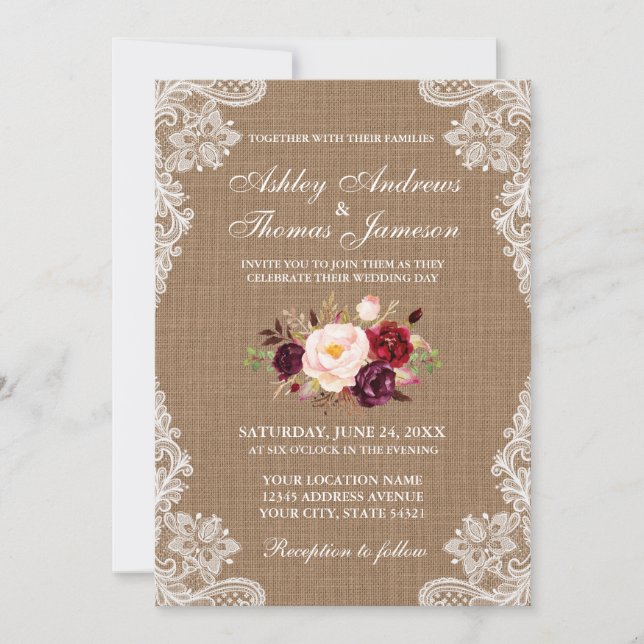 Rustic Wedding Burlap Lace Floral Invite B (Front)