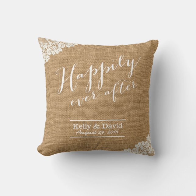 Rustic Wedding Burlap & Lace Happily Ever After Throw Pillow (Front)