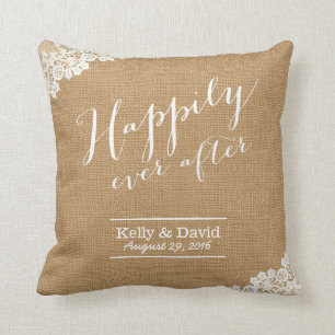 Rustic Wedding Burlap & Lace Happily Ever After Throw Pillow