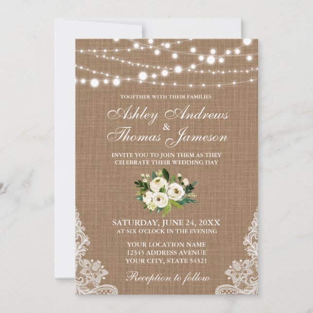 Rustic Wedding Burlap Lace Lights Floral Invite G (Front)