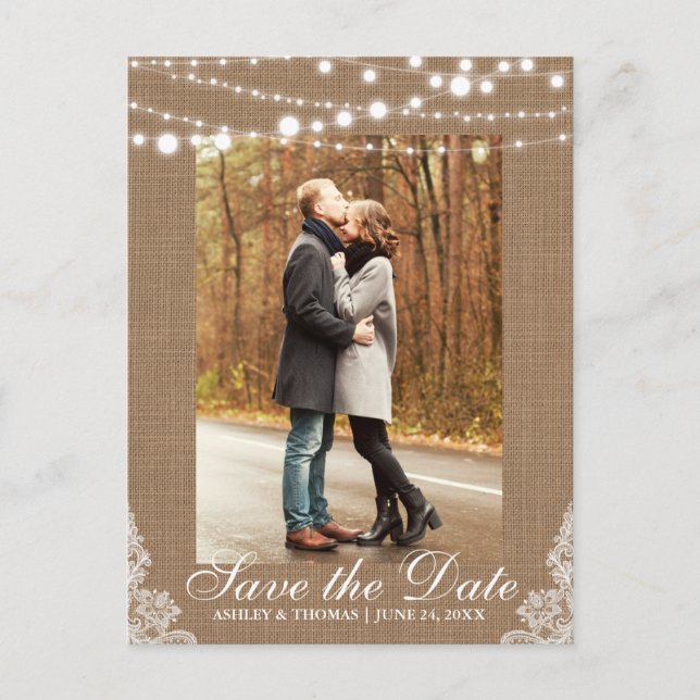 Rustic Wedding Burlap Lace Lights Save the Date Announcement Postcard (Front)