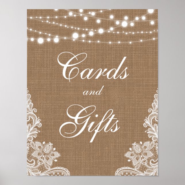 Rustic Wedding Burlap Lights Lace Cards Gifts Poster (Front)