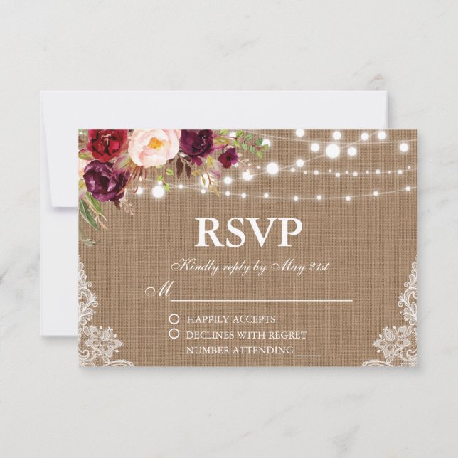 Rustic Wedding Burlap Lights Lace Floral RSVP Card (Front)
