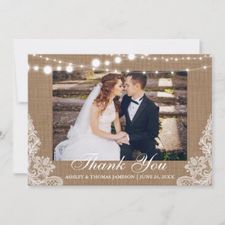 Rustic Wedding Burlap Lights Lace Photo Thank You