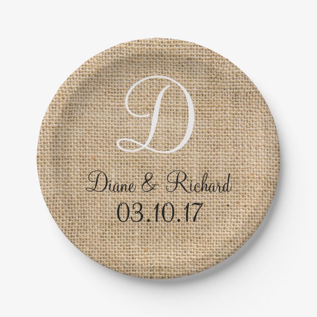 Rustic Wedding Burlap Name Date Monogram Paper Plate (Front)
