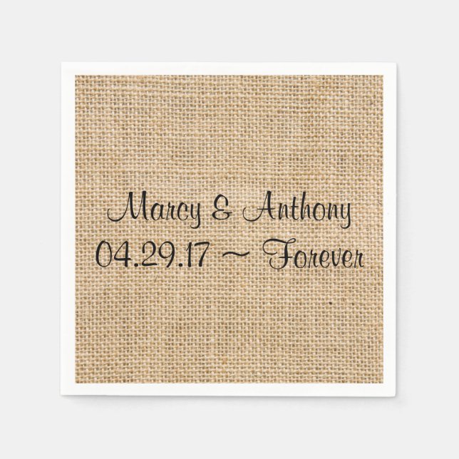Rustic Wedding Burlap Personalized Names Date Napkin (Front)